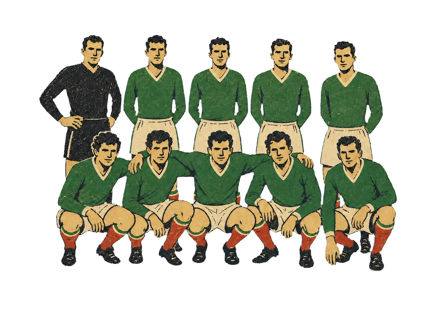 A vintage illustrated soccer team of ten players posed in two rows